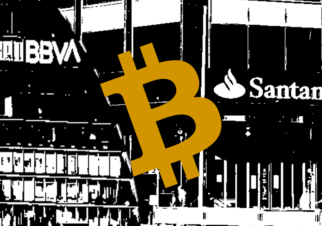 Composición imagen BBVA Santander Bitcoin Criptomonedas © Ibeconomia.com 2024